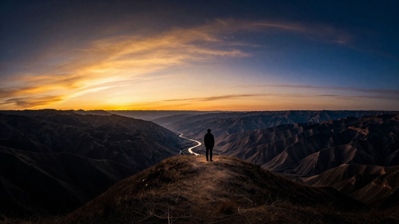 Una figura solitaria está de pie en una elevación observando un vasto valle al atardecer.