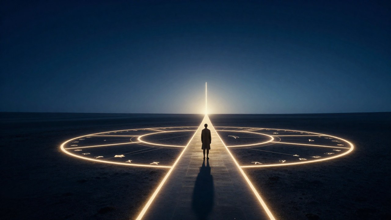 Figura solitaria inicia un camino hacia el horizonte, guiado por nueve cuadrantes luminosos estructurados.