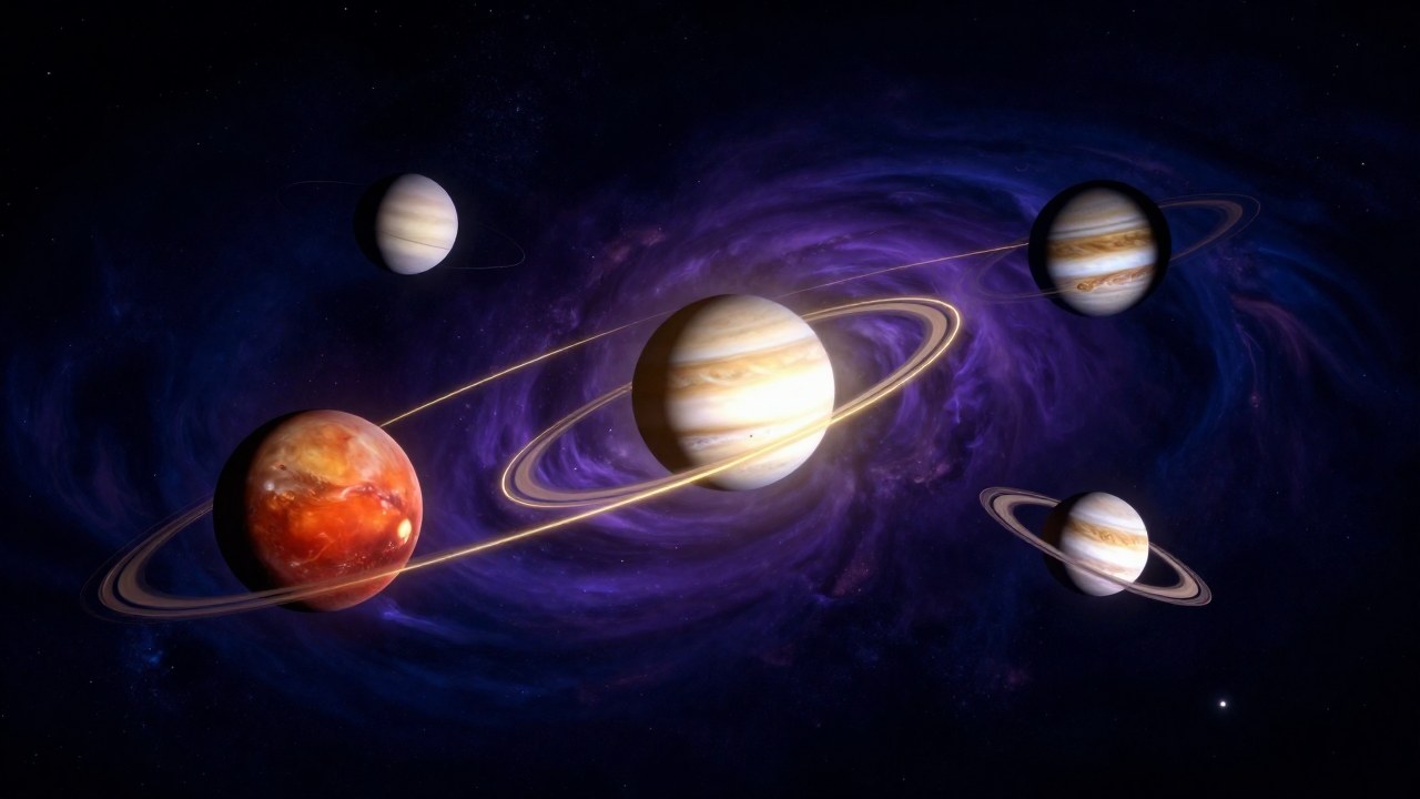 Alineación dinámica de planetas en el espacio, conectados por líneas de energía luminosa que simbolizan su interacción.