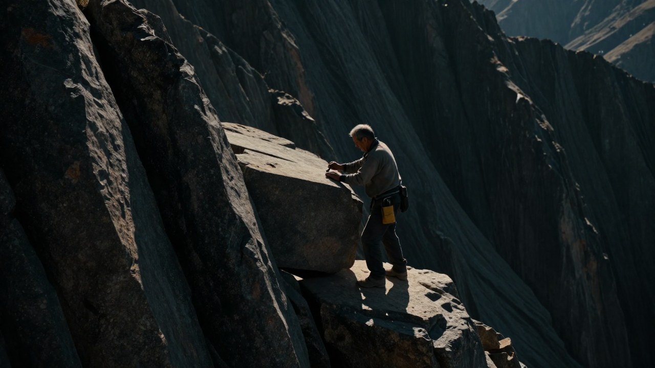 Un individuo maduro trabaja en la colocación de un gran bloque en una estructura de piedra en la cresta de una montaña.
