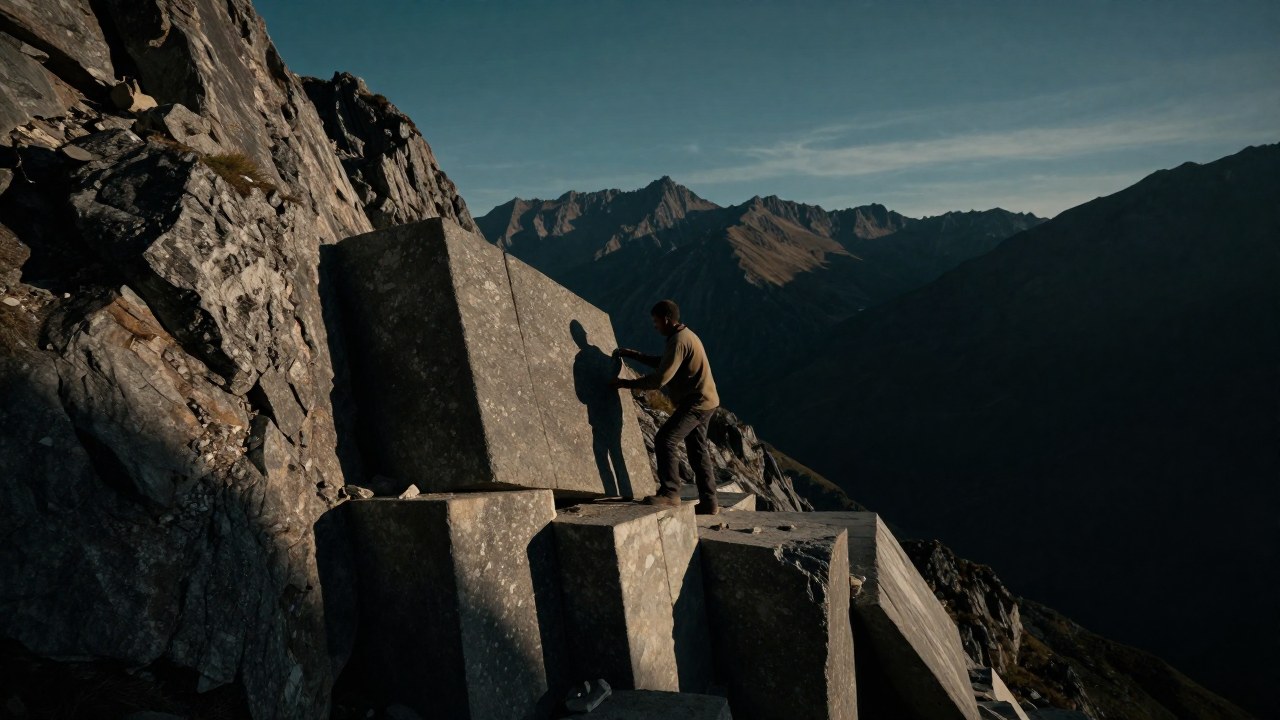 Trabajador solitario construye una monumental estructura de piedra en un paso de montaña escarpado.