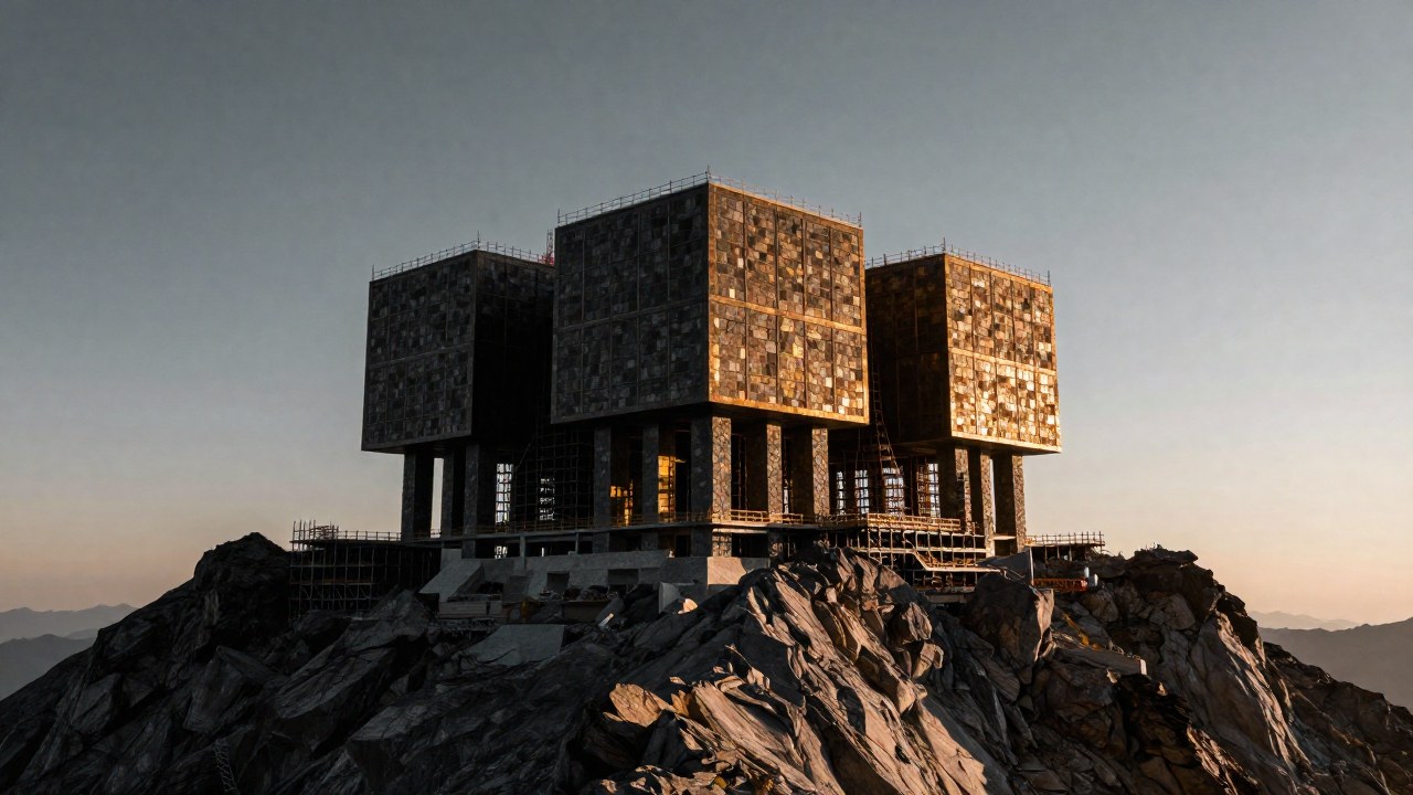 Estructura arquitectónica geométrica colosal en construcción sobre la cima de una montaña escarpada.