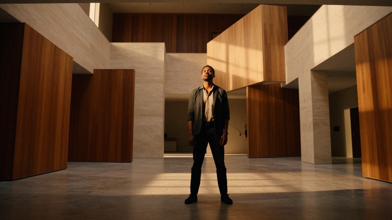 Individuo en un moderno y amplio espacio arquitectónico con elementos de madera y piedra.