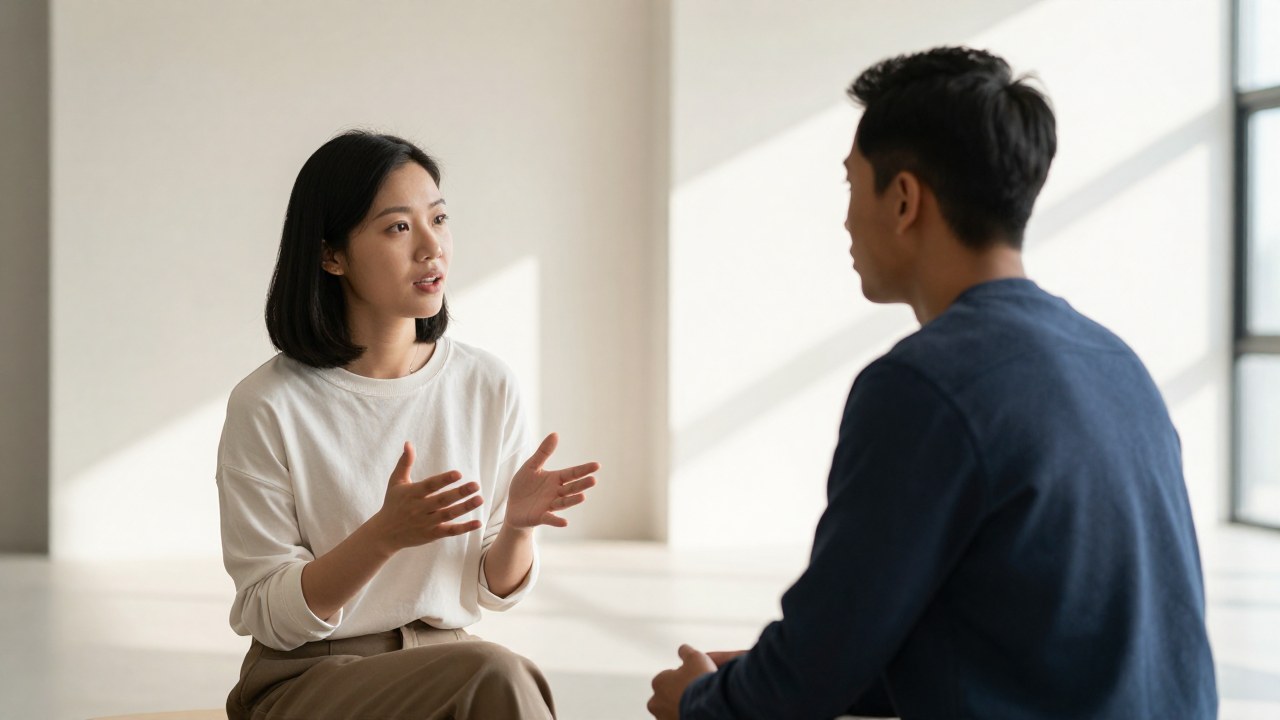 Dos personas diversas conversan con fluidez y atención en un espacio arquitectónico minimalista.