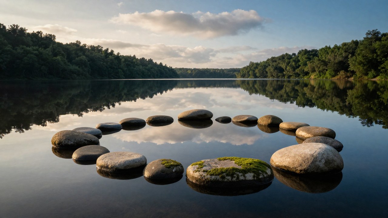 Agua quieta que refleja el cielo, rodeada de piedras musgosas dispuestas en un patrón que simboliza equilibrio.
