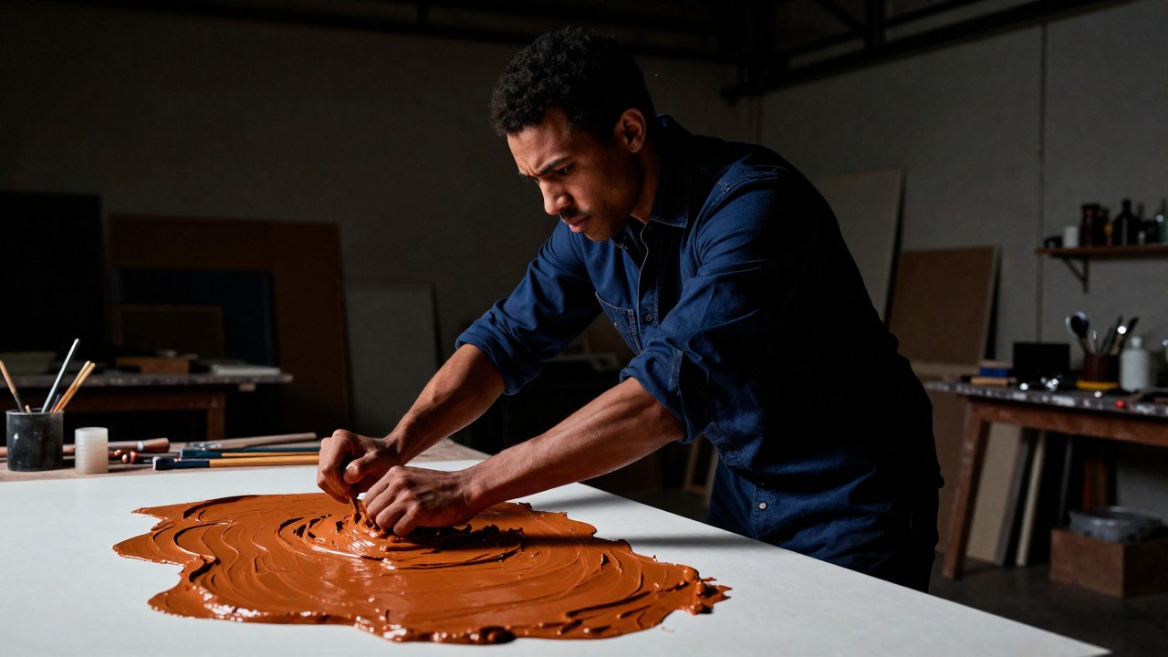 Artista en un estudio creando una obra expresiva con materiales pictóricos y dinámica.