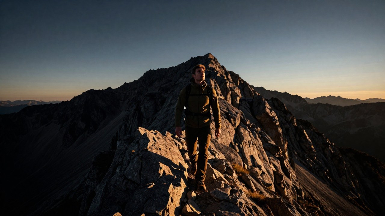 Una persona en vestimenta de montaña asciende una cresta rocosa hacia un pico lejano.