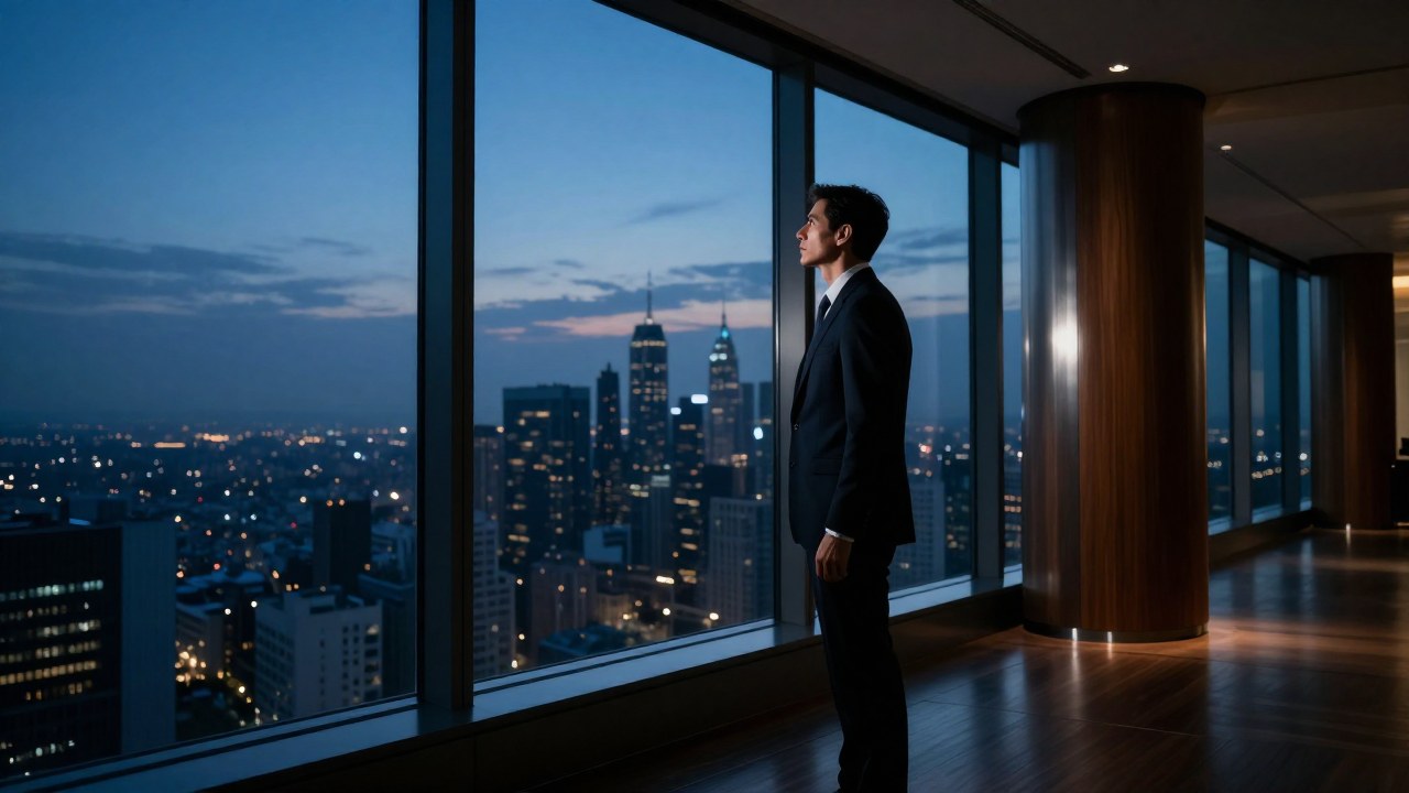 Un ejecutivo de negocios se encuentra en una oficina de gran altura con vistas a la ciudad al anochecer.