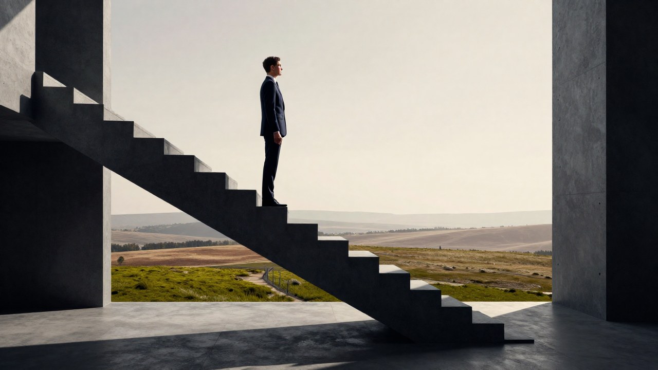 Persona profesional en la cima de una escalera minimalista, mirando un vasto paisaje moderno.