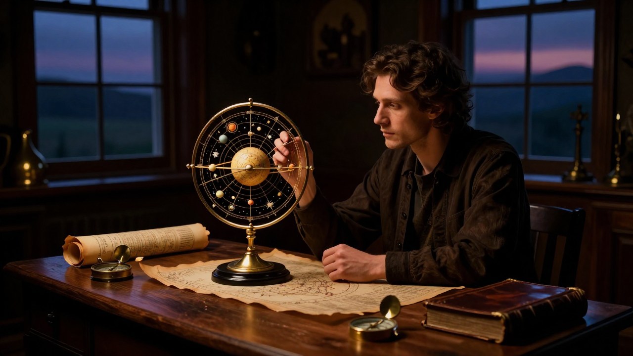 Figura contemplativa estudia un mapa celeste sobre un escritorio, rodeada de libros y un compás.
