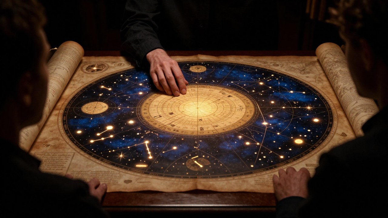 Académico estudiando atentamente un complejo diagrama celestial que representa las doce casas astrológicas.