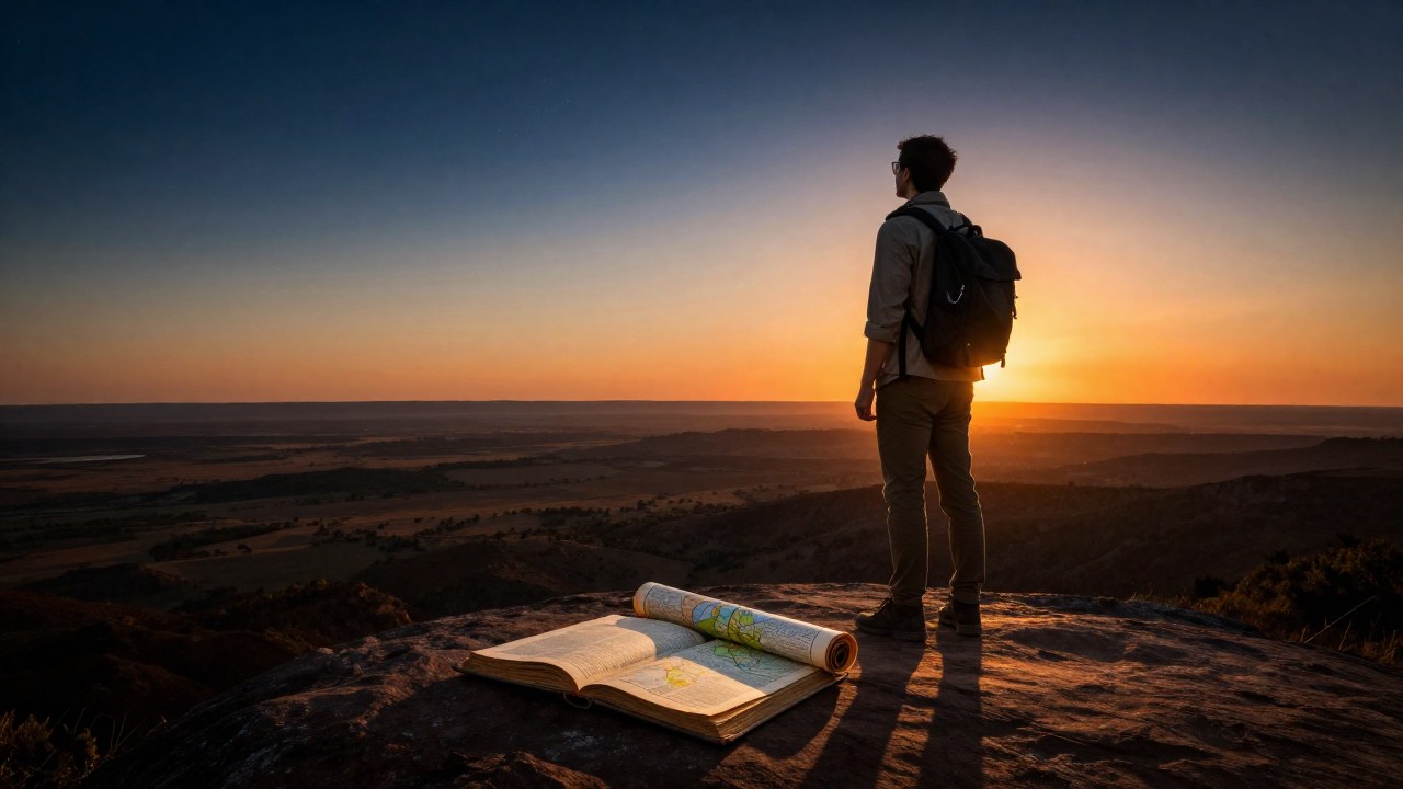 Persona en un mirador observa un vasto paisaje al atardecer, junto a un libro y un mapa.