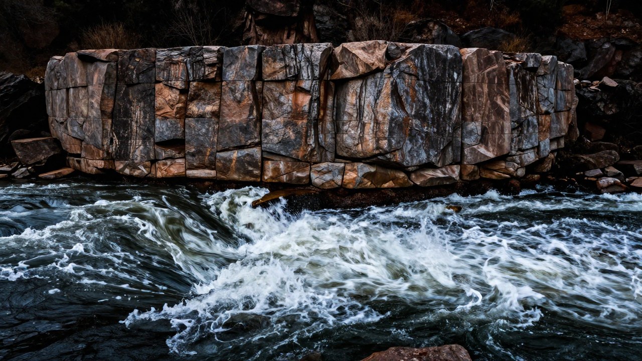 Muro masivo de granito antiguo enfrentando el impacto de un río oscuro y turbulento.