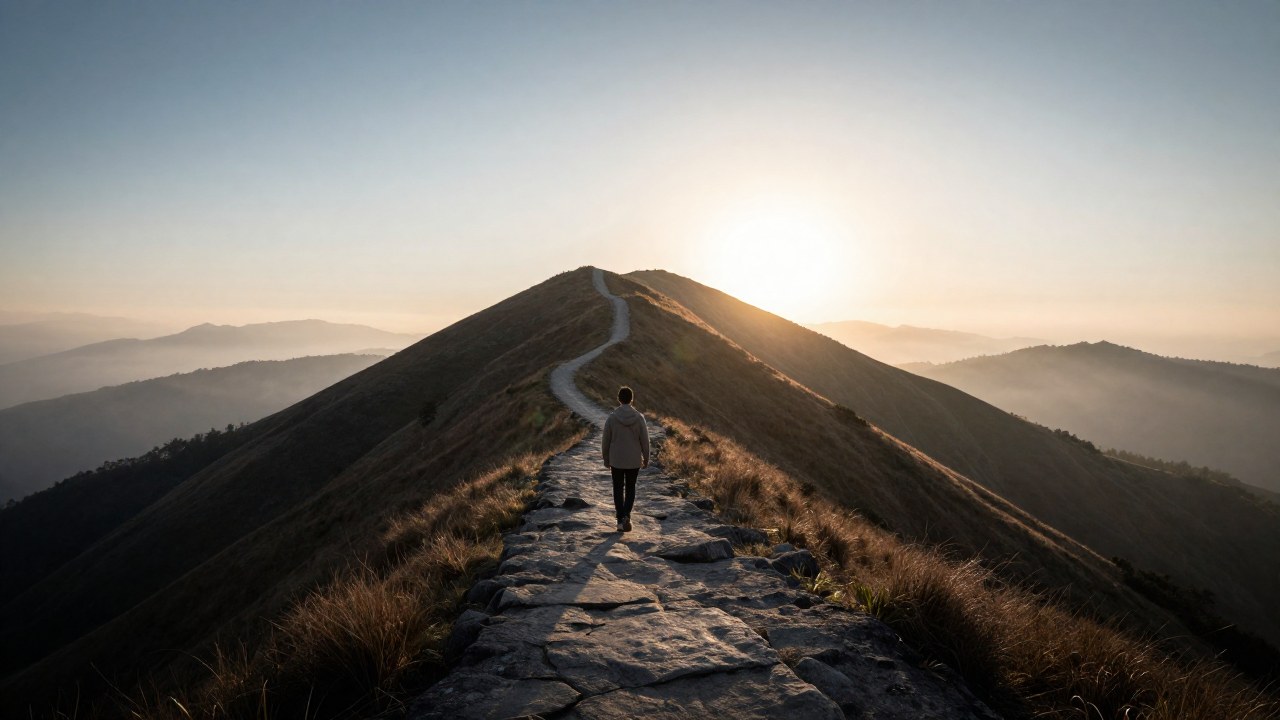 Persona caminando sola por un sendero de montaña que se dirige hacia la luz del amanecer.