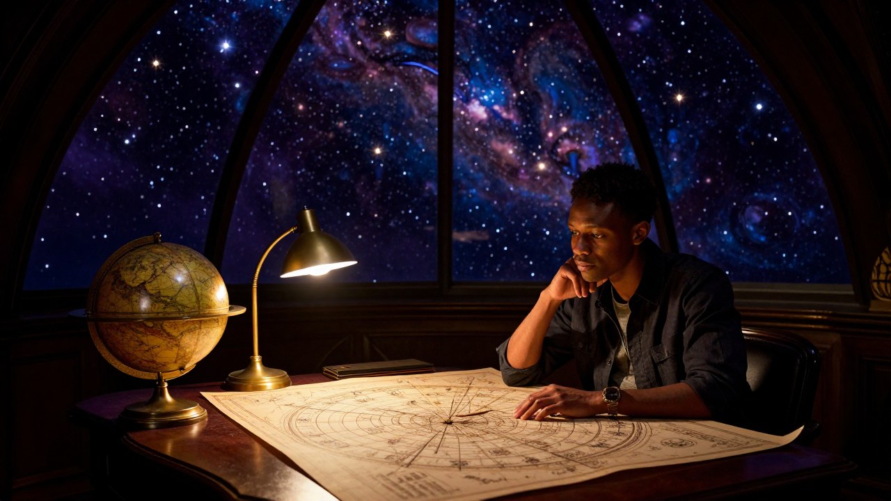 Persona en un observatorio antiguo estudia un complejo mapa celestial o globo astrológico.