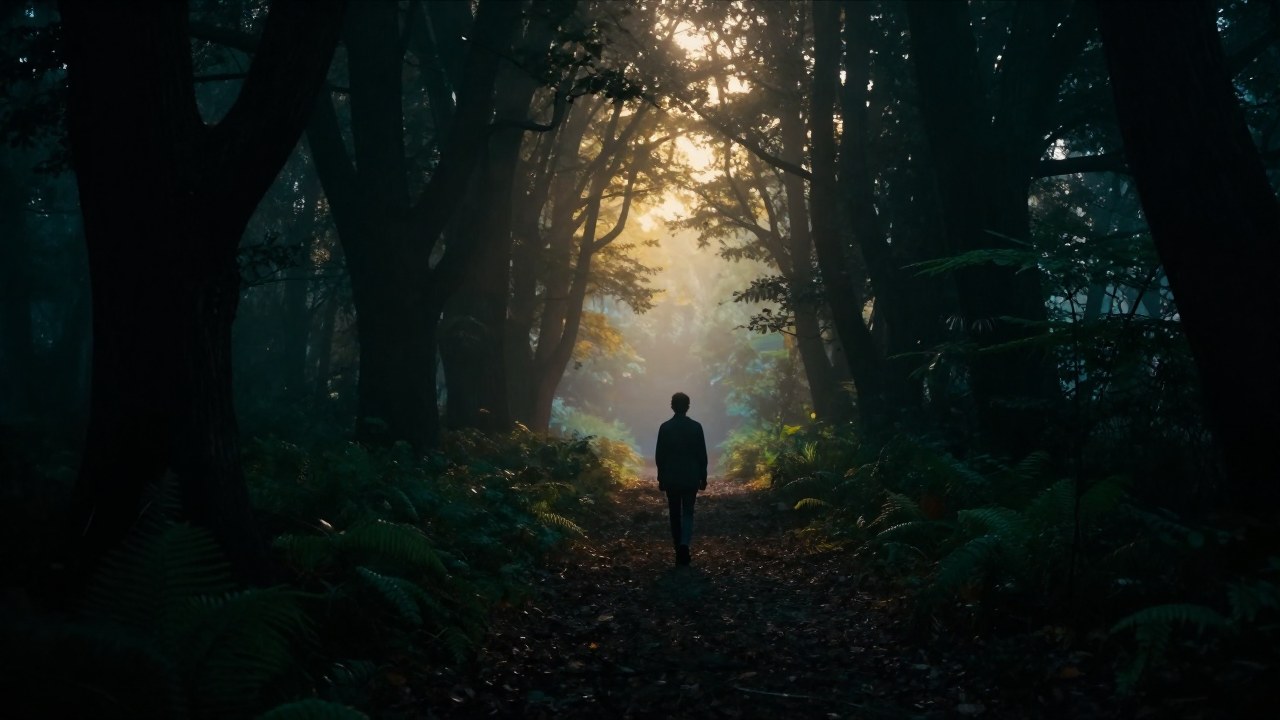 Una persona solitaria camina por un bosque brumoso hacia una fuente de luz dorada.