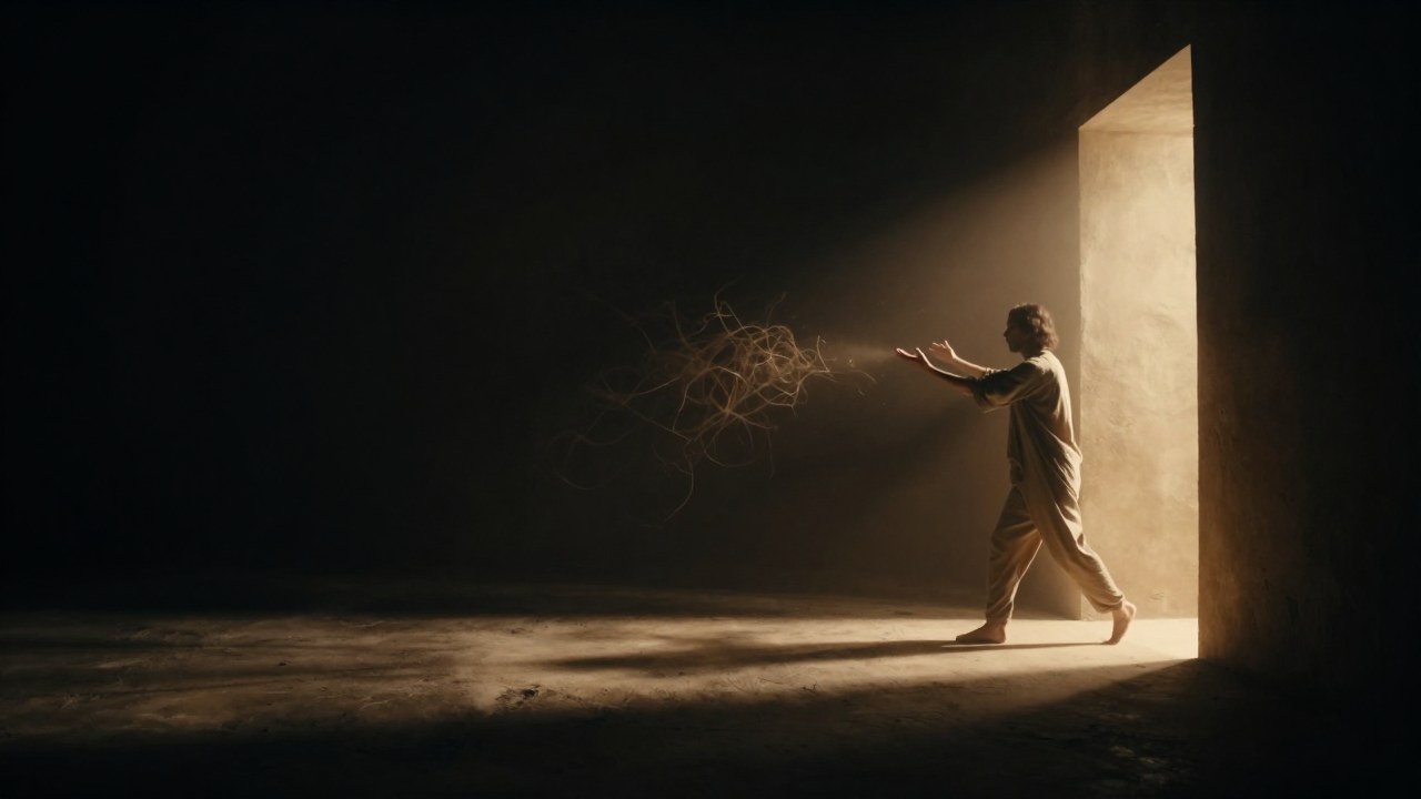 Una persona avanza de la sombra a la luz brillante, aceptando y simbolizando su sanación y transformación.