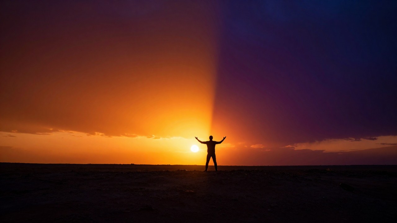 Figura solitaria en un paisaje desolado ante un atardecer dramático con dos luces opuestas de oro e índigo.