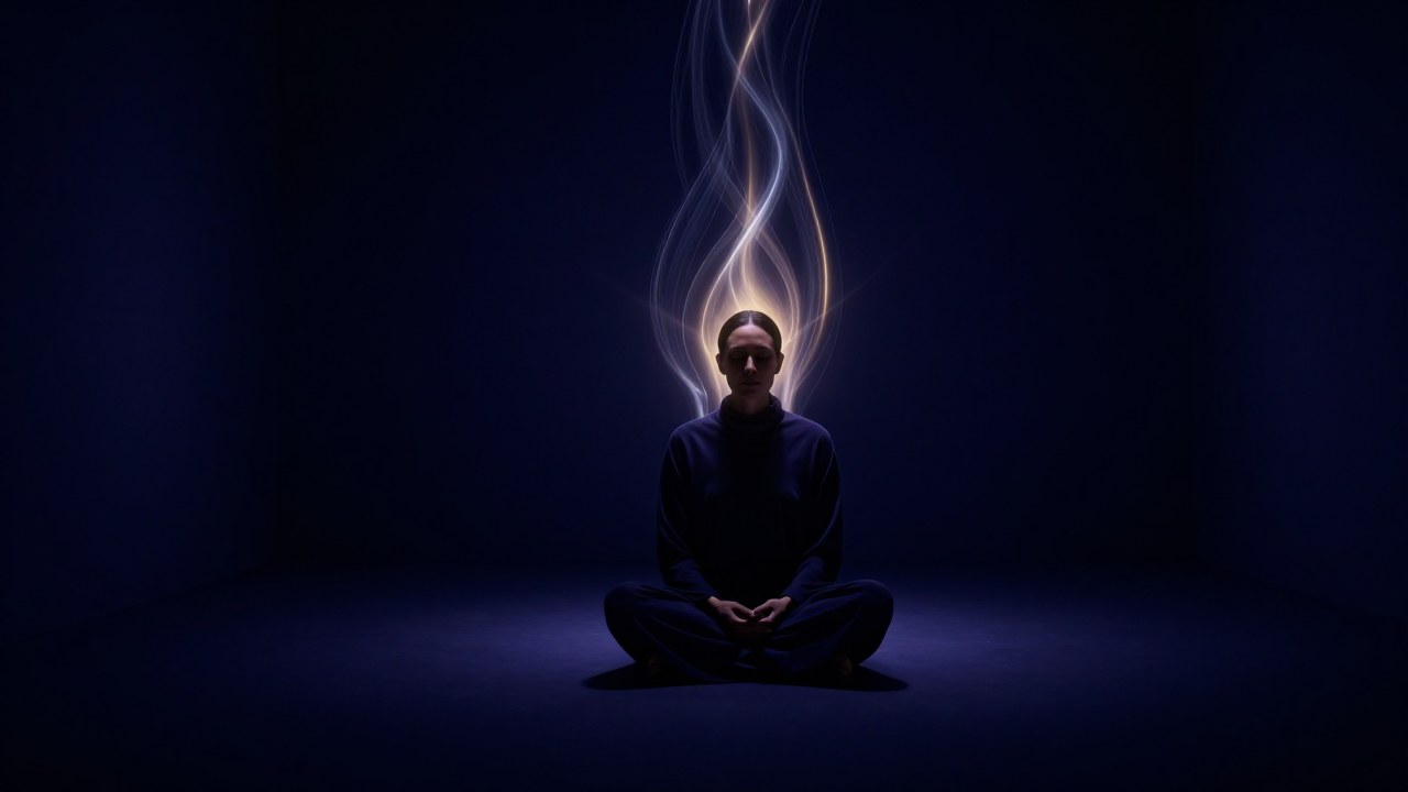Adulto contemplativo en un espacio minimalista rodeado por streams de luz dorada y plateada.