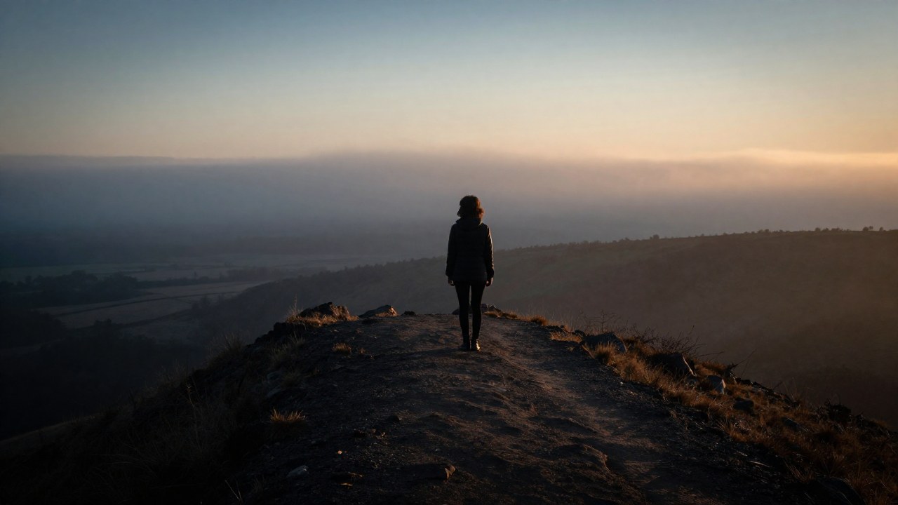Persona solitaria mira el amplio horizonte brumoso desde un sendero elevado al amanecer.