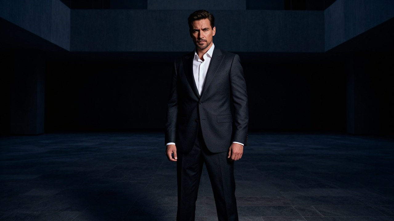 Hombre elegante en traje oscuro, de pie en un vasto espacio arquitectónico minimalista.