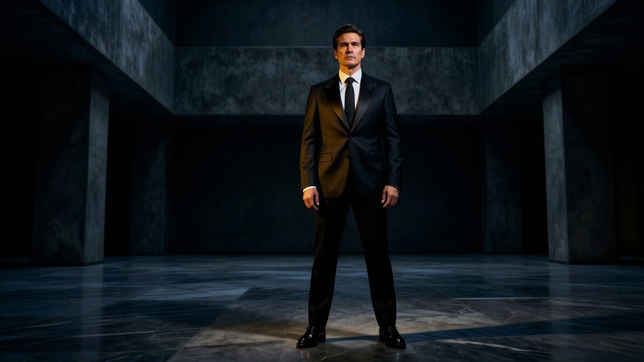 Hombre en traje oscuro de pie en un amplio espacio arquitectónico minimalista de concreto y mármol.