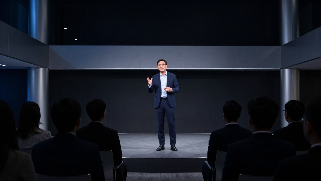 Un experto profesional da una presentación magistral en un moderno centro de convenciones.