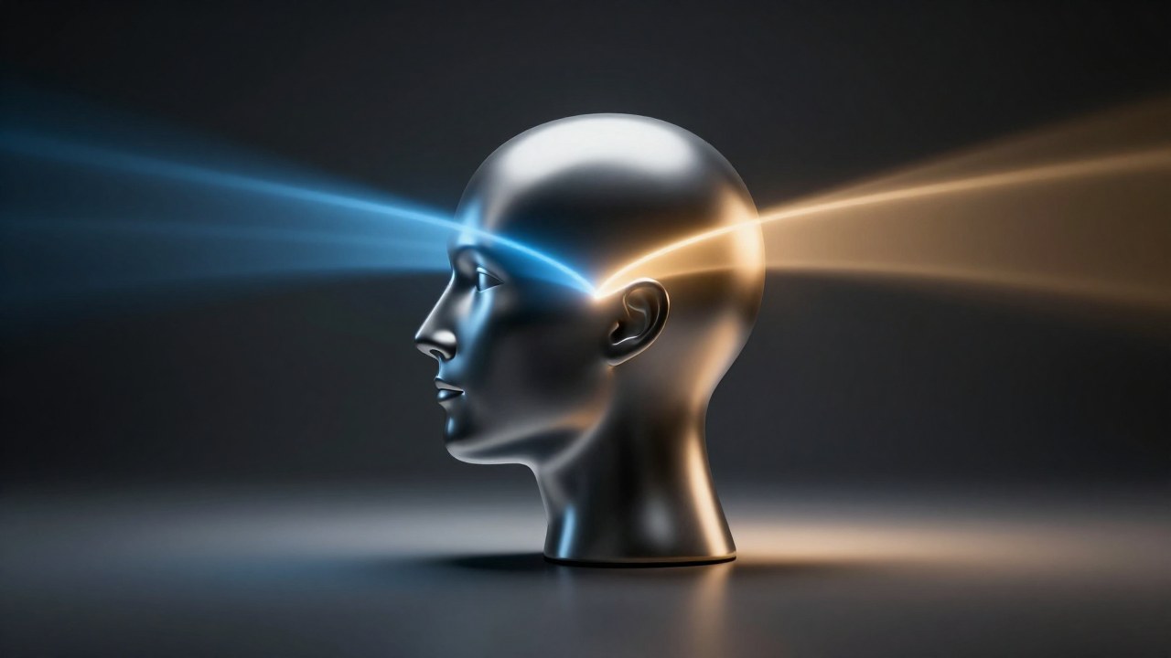 Forma abstracta de la mente interactuando con luces azules y ámbar para representar el pensamiento complejo.