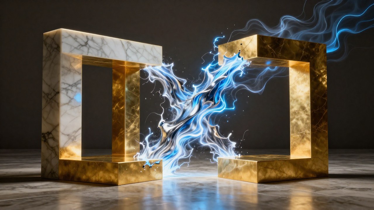 Estructura geométrica de oro interrumpida por un flujo dinámico de energía azul y plata.