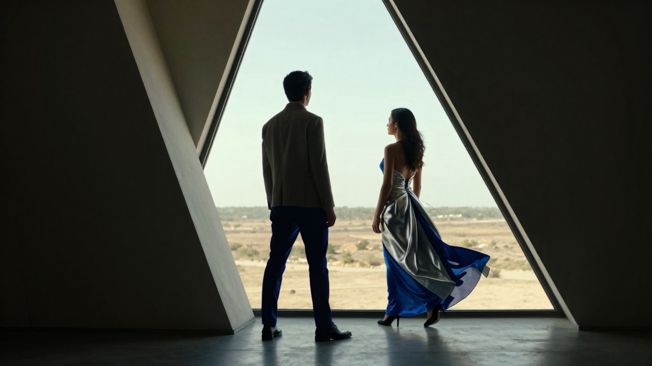 Dos figuras contrastan en un espacio arquitectónico: una representa la estabilidad y la otra el deseo de libertad.