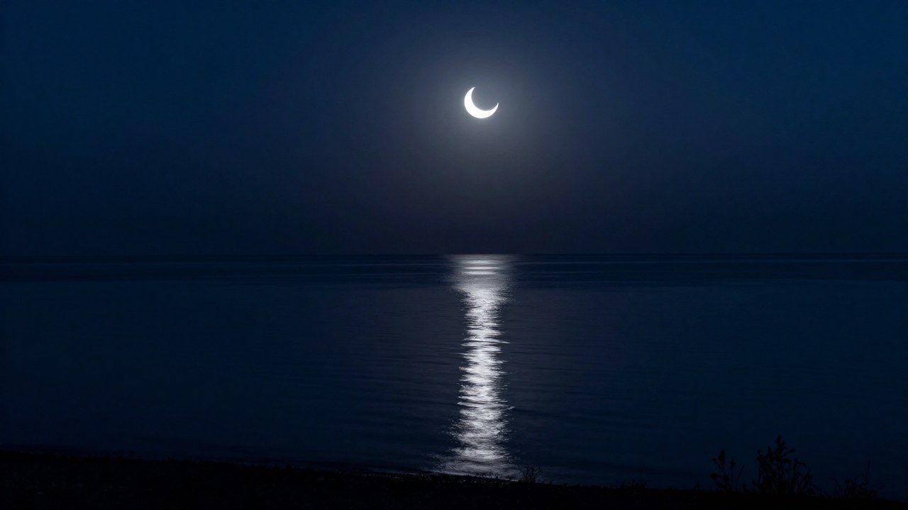 Luna creciente sobre un cuerpo de agua oscura, creando reflejos ondulantes en una costa brumosa nocturna.