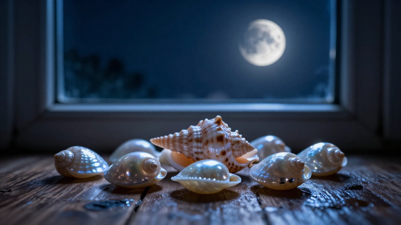 Conchas nacaradas reposan sobre madera húmeda junto a una ventana iluminada por la luna.