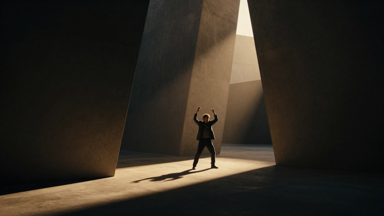 Figura solitaria en pose contemplativa entre estructuras arquitectónicas monolíticas e imponentes.