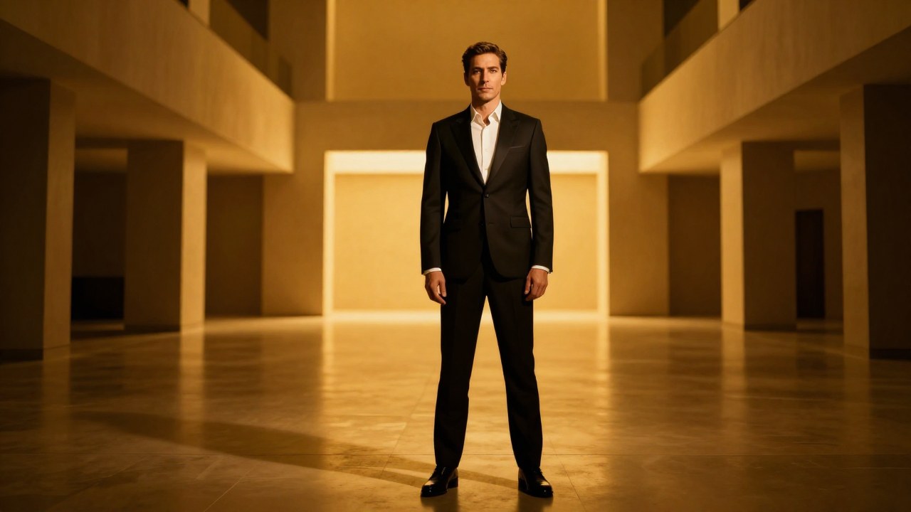 Profesional con traje formal de pie en un espacio arquitectónico moderno y minimalista, proyectando confianza.
