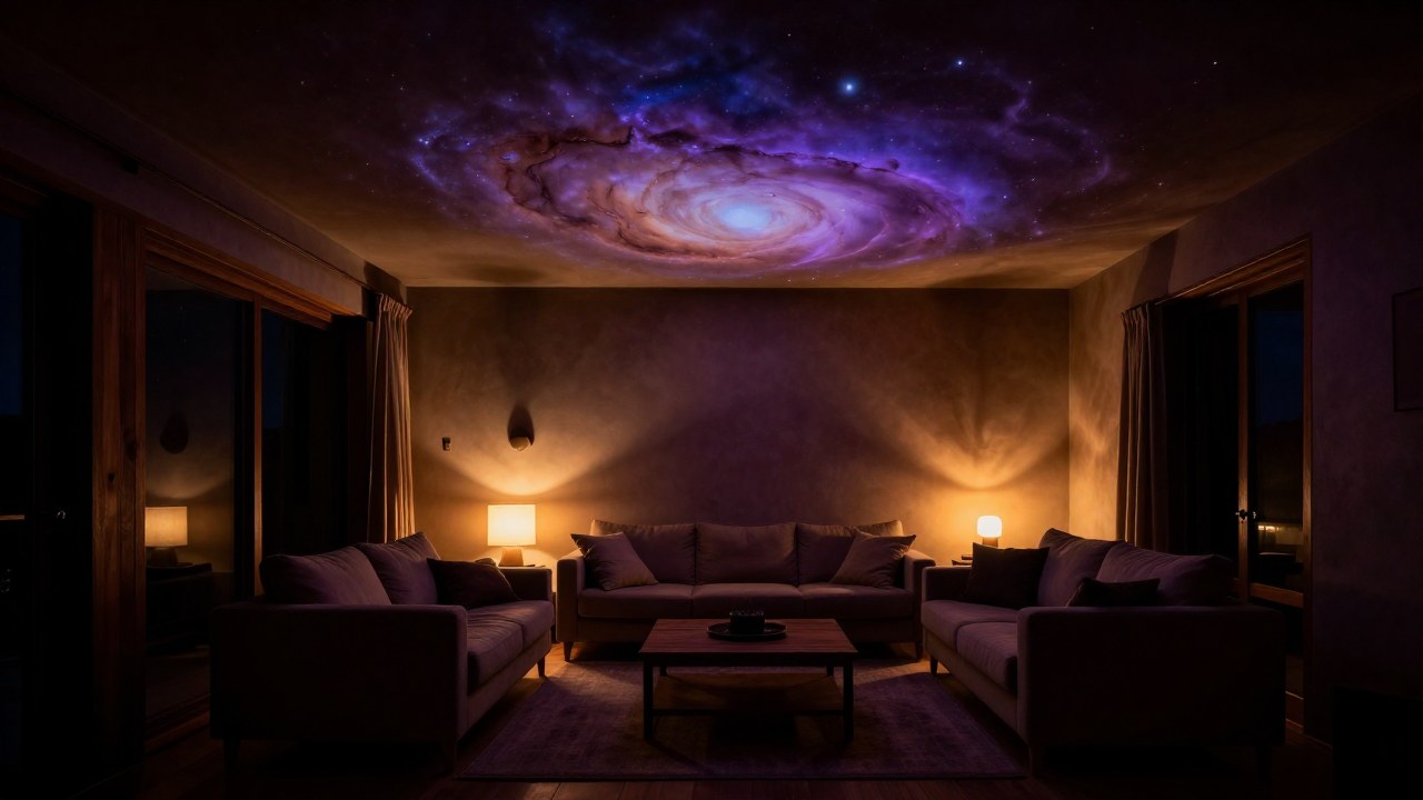 Interior acogedor con elementos de madera, bañado en una luz etérea de tonos índigo y violeta.