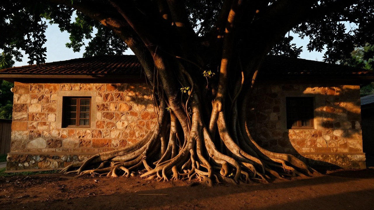 Raíces robustas de árboles entrelazadas con los cimientos de una vieja casa de piedra.