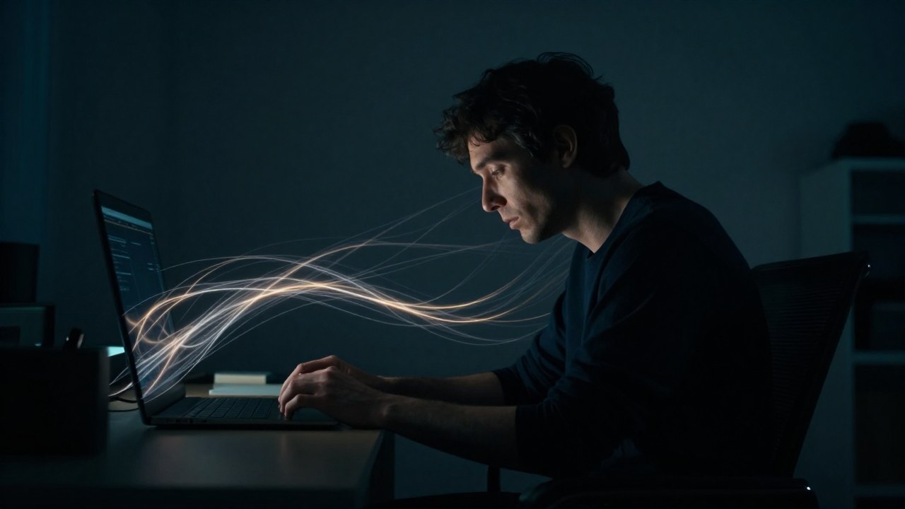 Figura contemplativa en un estudio, con líneas de luz simbolizando el flujo complejo de ideas subconscientes.