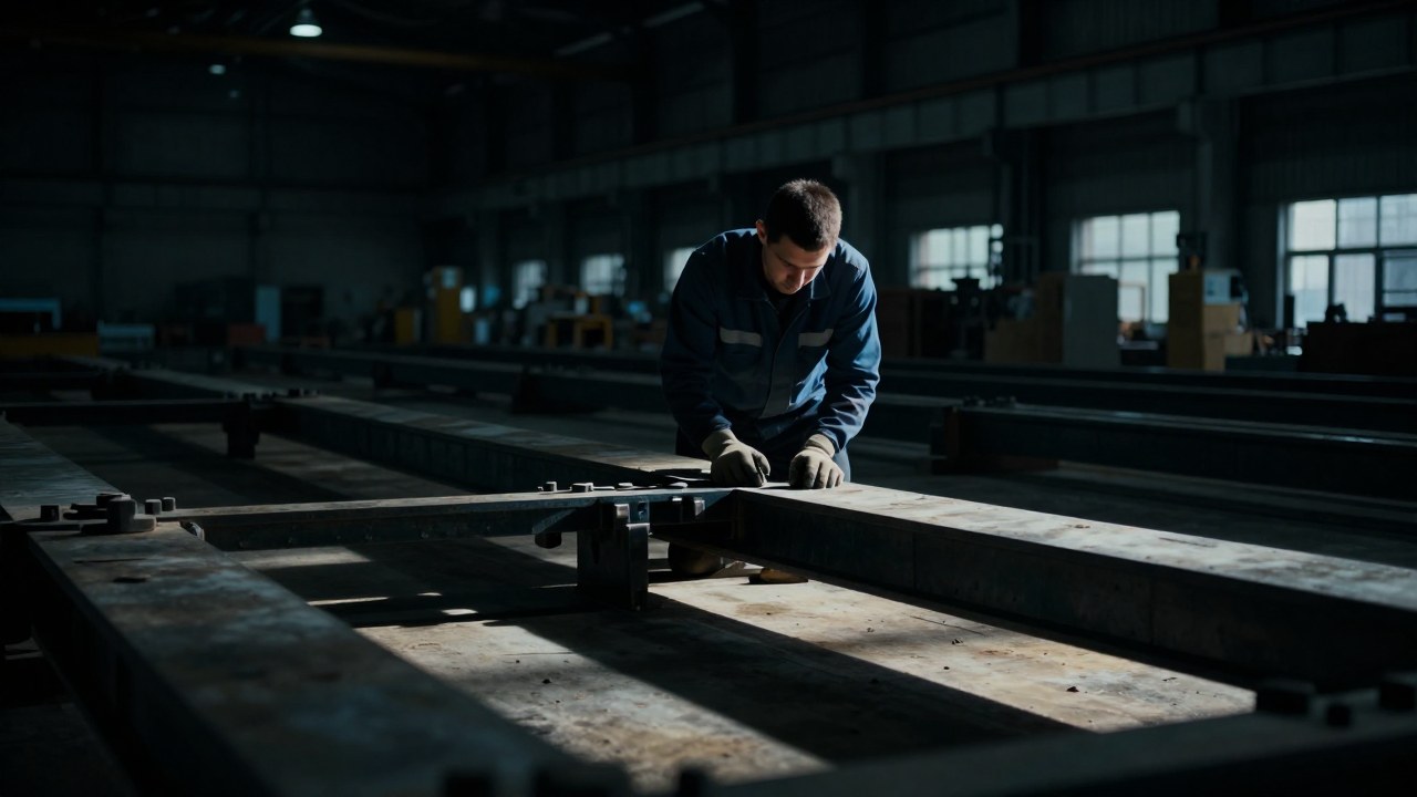 Trabajador concentrado colocando una pieza estructural compleja en un vasto taller de ingeniería.