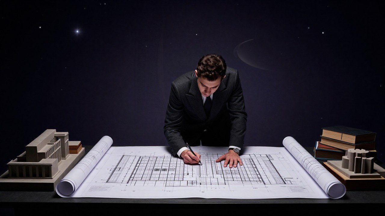 Persona enfocada trabajando en un complejo plano o modelo de proyecto arquitectónico rodeada de herramientas.