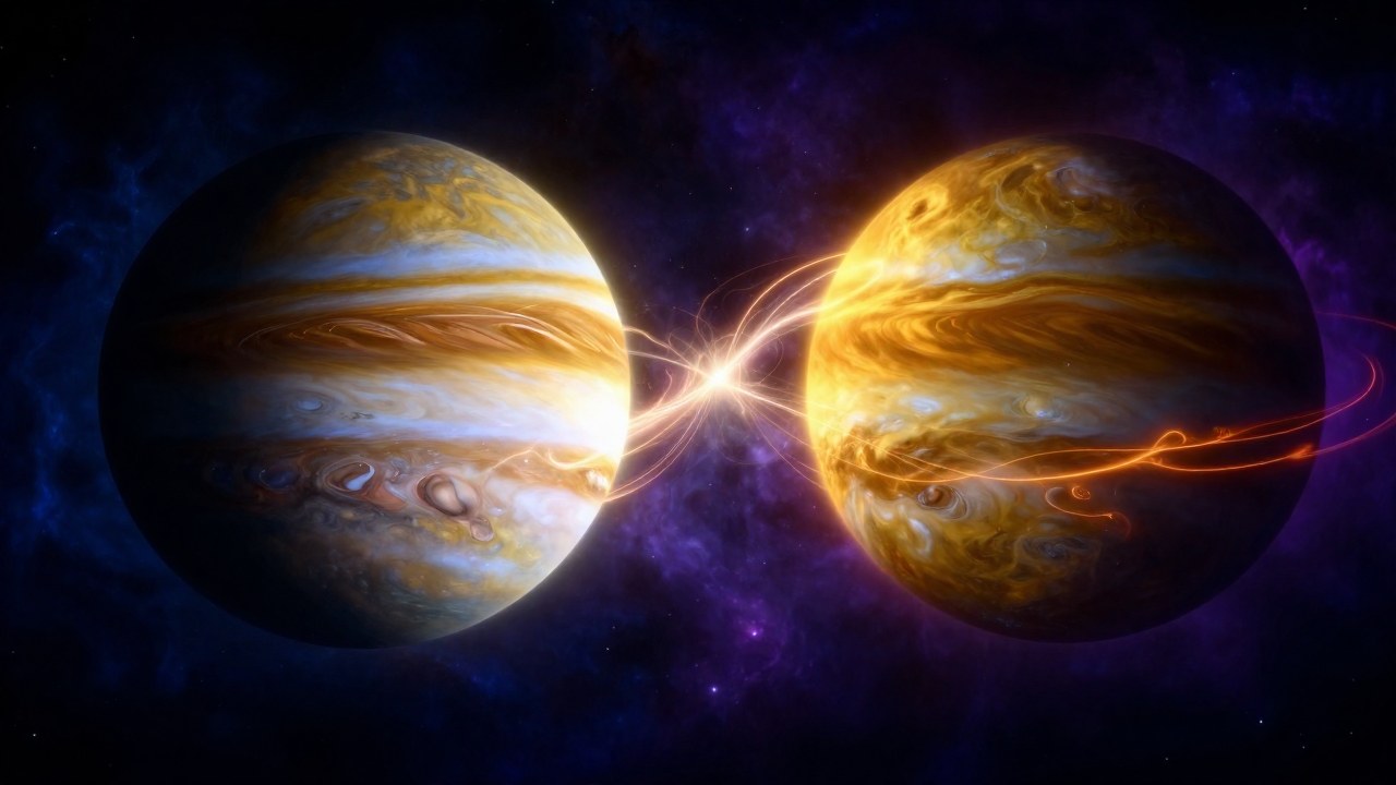 Dos cuerpos celestes radiantes interactúan generando complejos flujos de energía cósmica contra una nebulosa oscura.