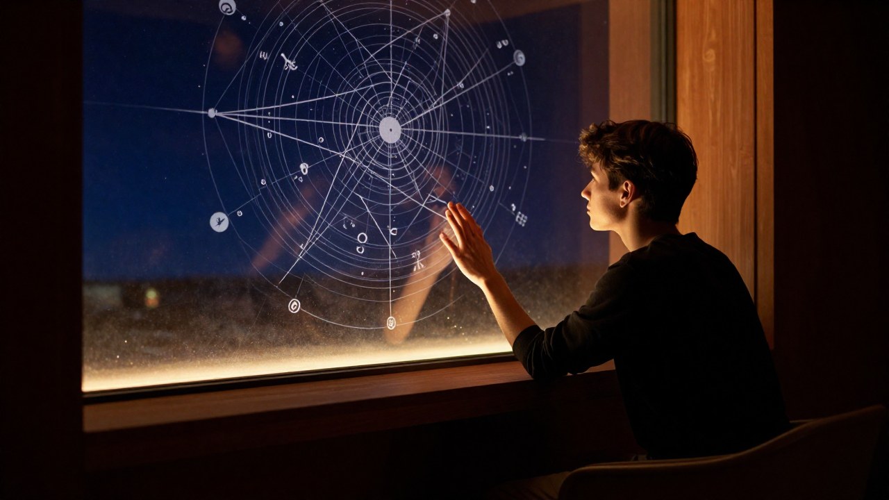 Contemplativo adulto joven mira patrones astrales geométricos reflejados en un cristal.
