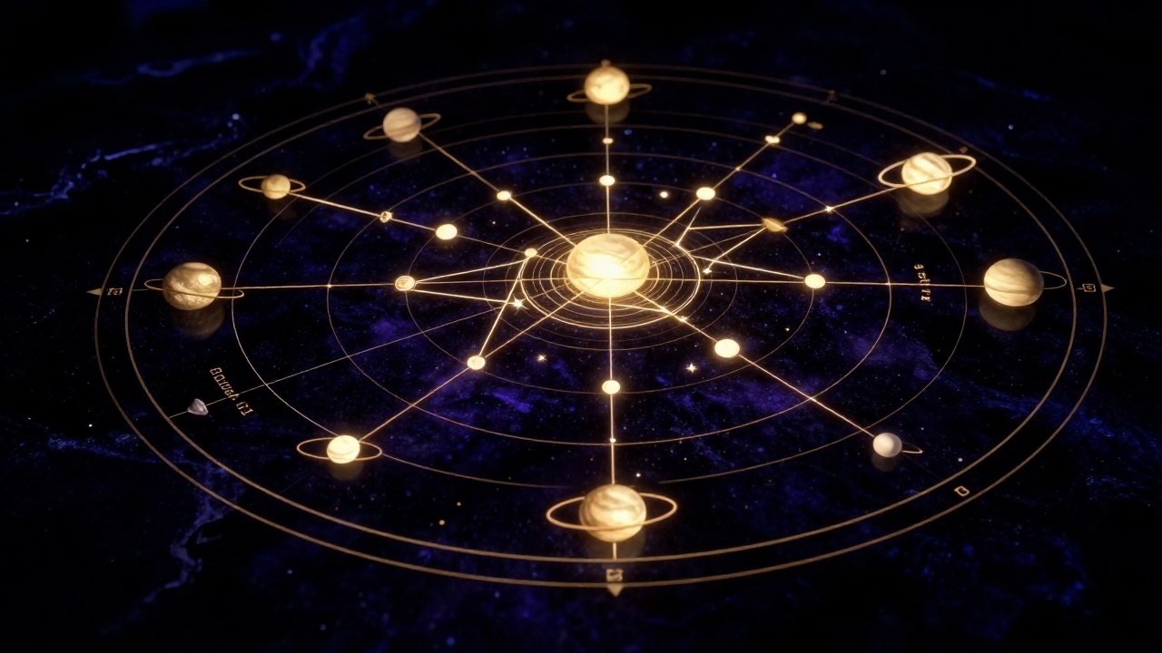 Mapa celestial conceptual que ilustra la estructura de un mapa natal y sus aspectos planetarios interconectados.