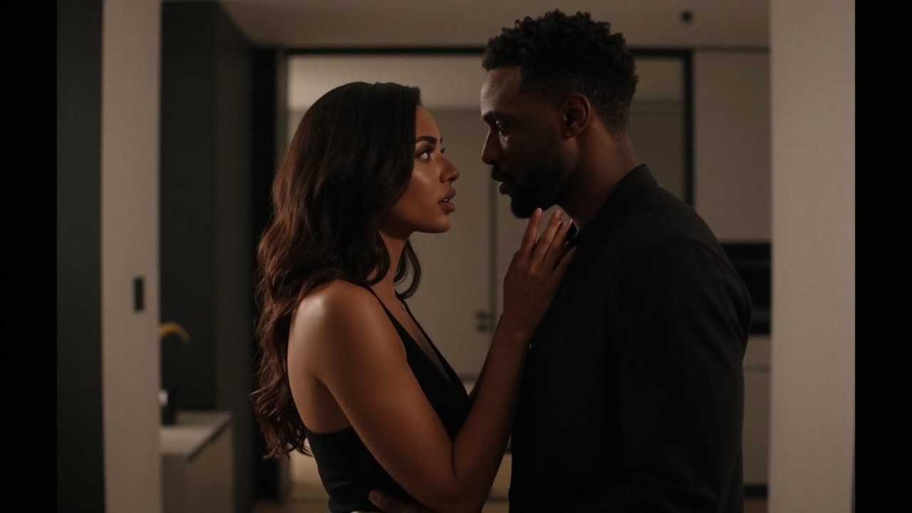 Una pareja diversa en un interior moderno comparte un momento íntimo cargado de tensión emocional.