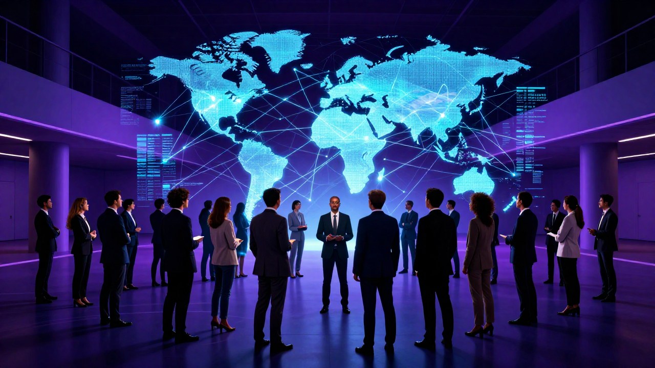 Grupo diverso colaborando en un espacio moderno, simbolizando una red de transformación sistémica global.