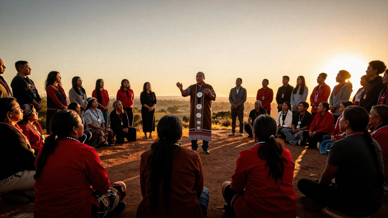 Líder indígena dirige a la comunidad en un paisaje abierto, articulando una visión para la transformación social.