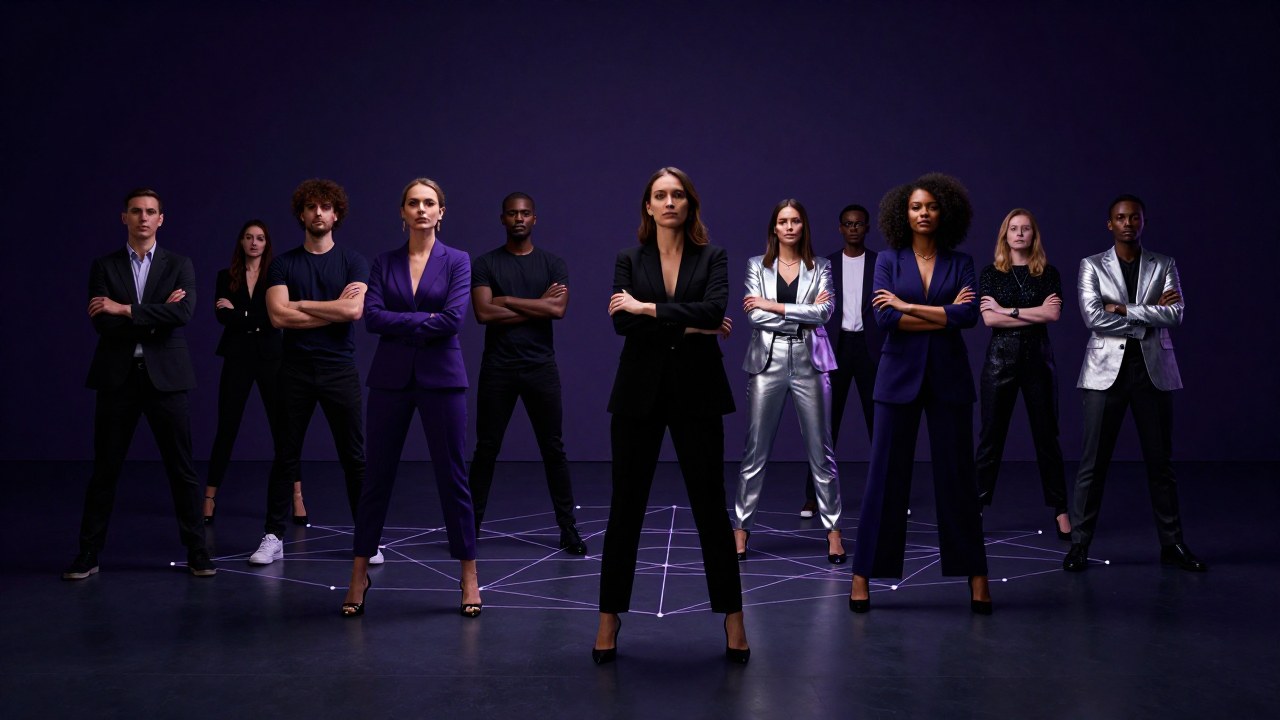 Un grupo diverso de personas reunidas e interactuando en un espacio interior contemporáneo y minimalista.