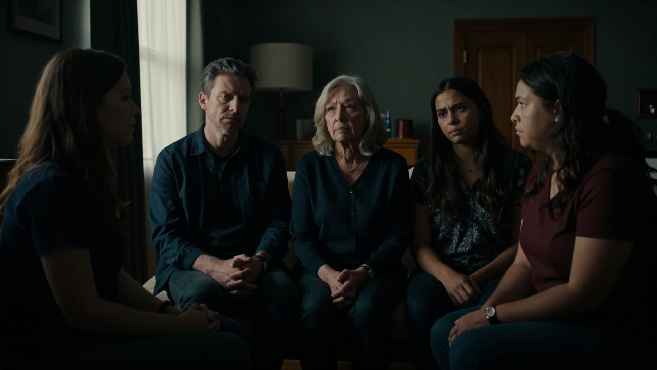 La familia multigeneracional se reúne en un hogar, marcada por una palpable tensión y peso emocional.
