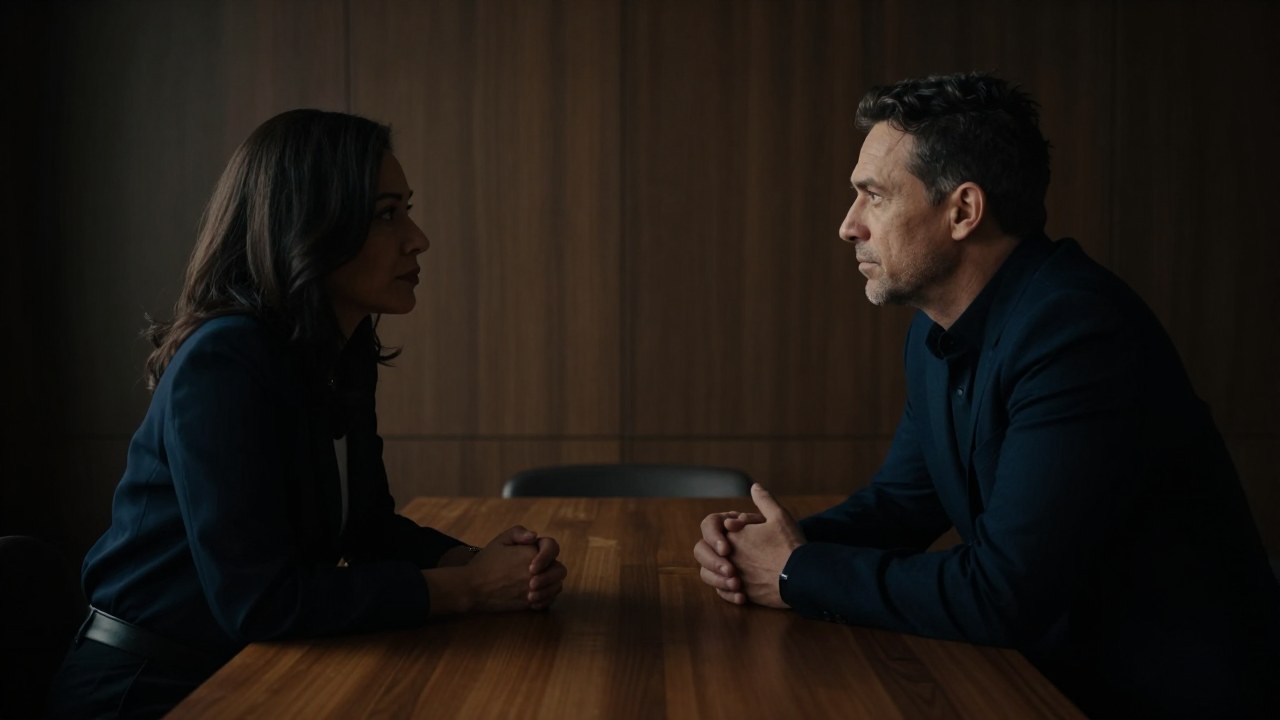 Dos adultos diversos en conversación contemplativa en un ambiente interior minimalista y sofisticado.