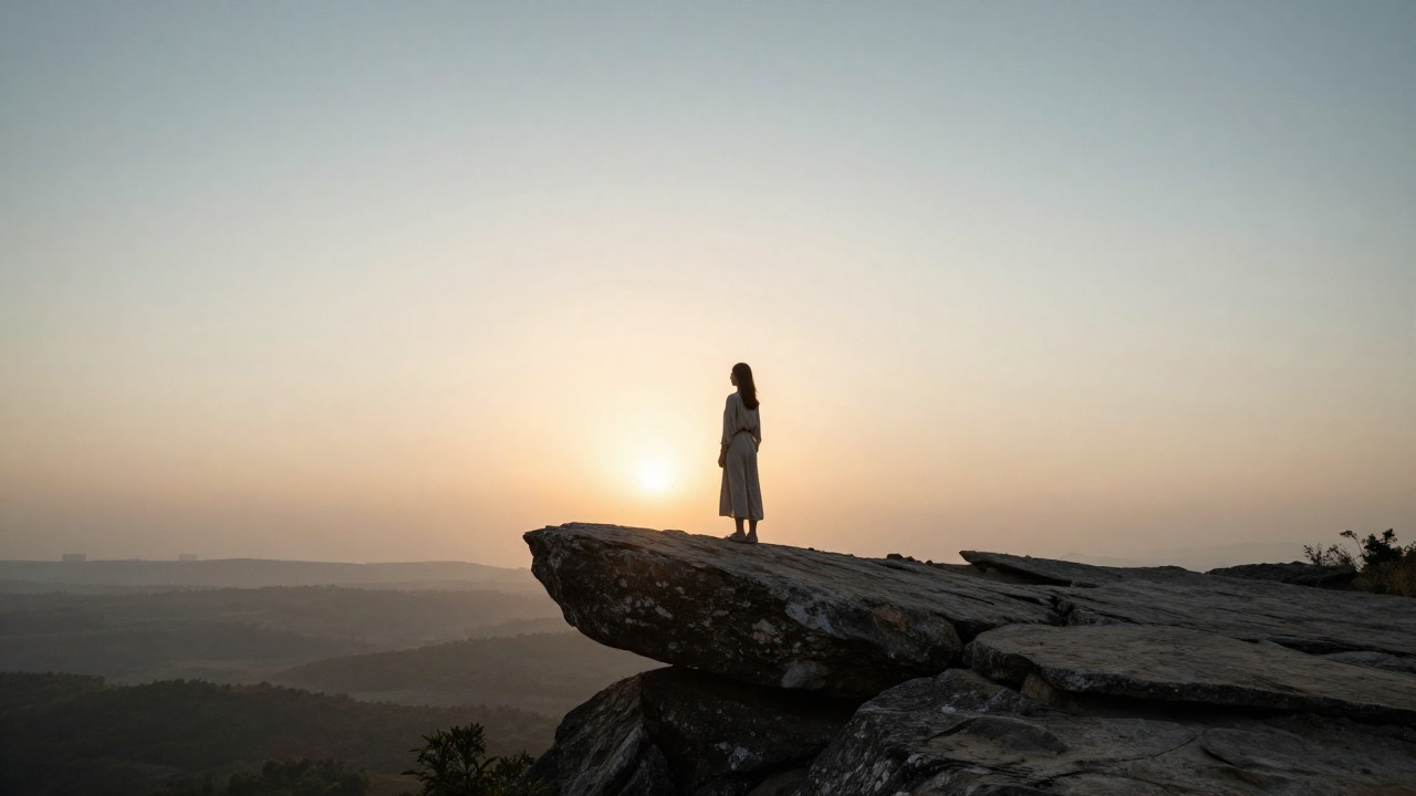 Figura solitaria de pie sobre un peñasco, mirando el horizonte al amanecer sobre un vasto paisaje.