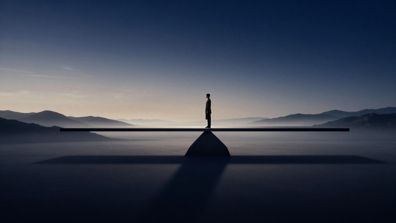 Una figura solitaria en una plataforma minimalista frente a un vasto paisaje de montaña y horizonte celestial.